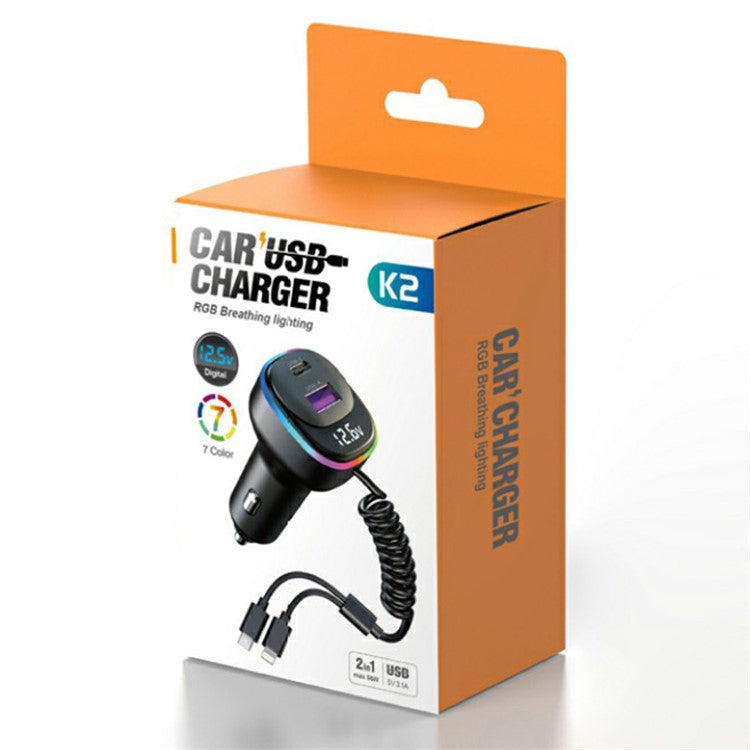 K2S PD 65W Phone Fast Charging Adapter USB+Type-C Car Charger with Type-C / 8-Pin Spring Cable