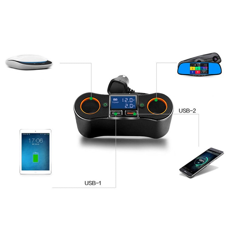 ZNB02 Dual USB Car Charger Voltage Detection 2 Cigarette Lighter Sockets Charge Adapter with Independent Switch