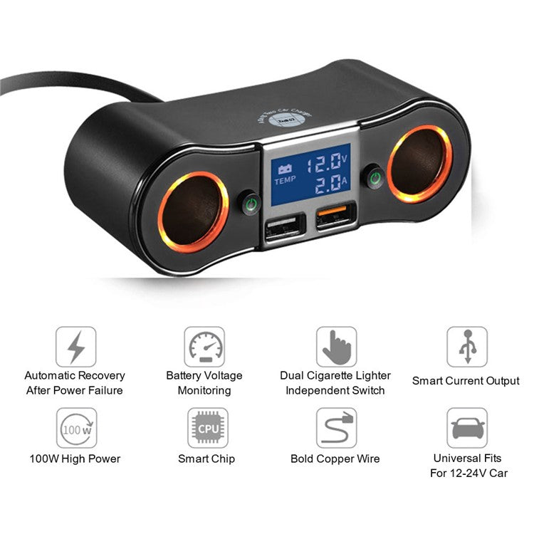 ZNB02 Dual USB Car Charger Voltage Detection 2 Cigarette Lighter Sockets Charge Adapter with Independent Switch