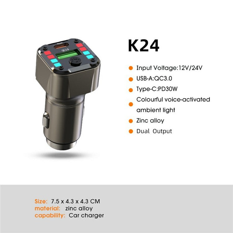 K24 Car Charger PD 30W QC 3.0 Super Charger Dual Ports Car Charging Adapter for iPhone / Samsung / Huawei