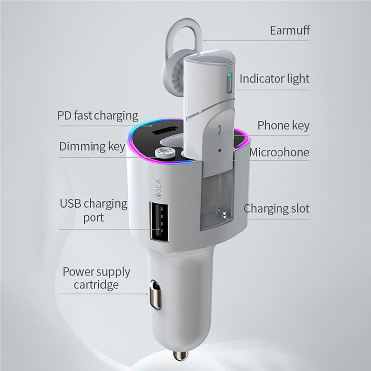 V16 Type-C+USB Car Charger Bluetooth Detachable Headset Earphone Support Hands-free Phone Calls Voice Control - Greyish White