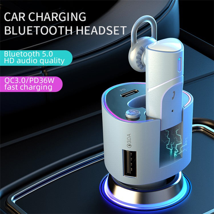 V16 Type-C+USB Car Charger Bluetooth Detachable Headset Earphone Support Hands-free Phone Calls Voice Control - Greyish White