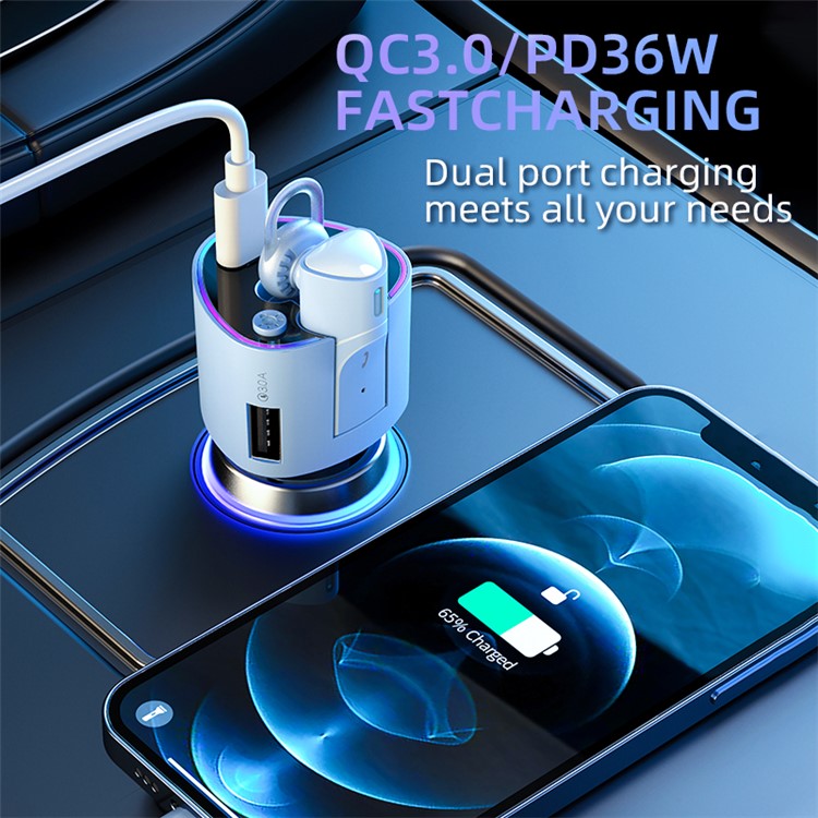 V16 Type-C+USB Car Charger Bluetooth Detachable Headset Earphone Support Hands-free Phone Calls Voice Control - Greyish White
