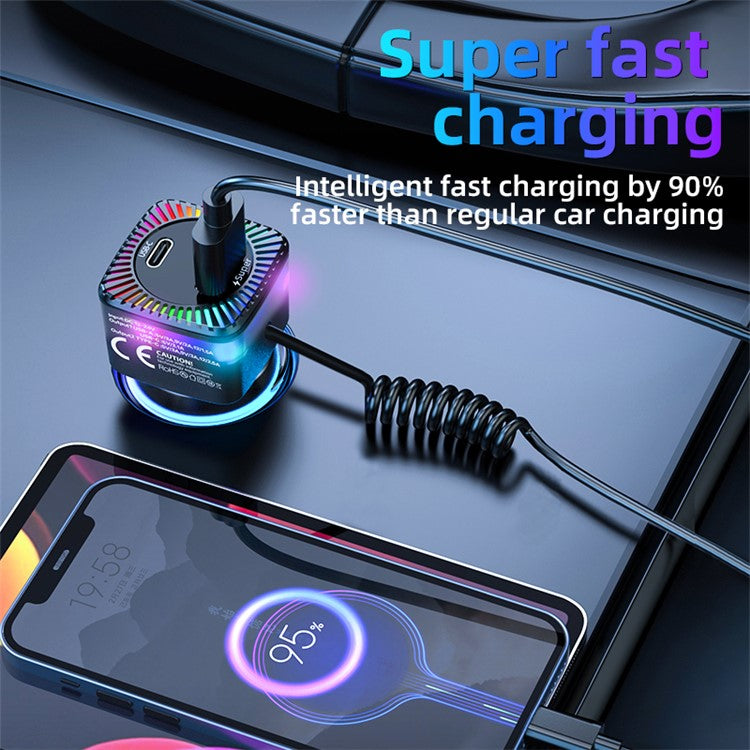 K14 USB + Type-C PD 30W Phone Fast Charging Adapter Car Charger with Spring Type-C Cable