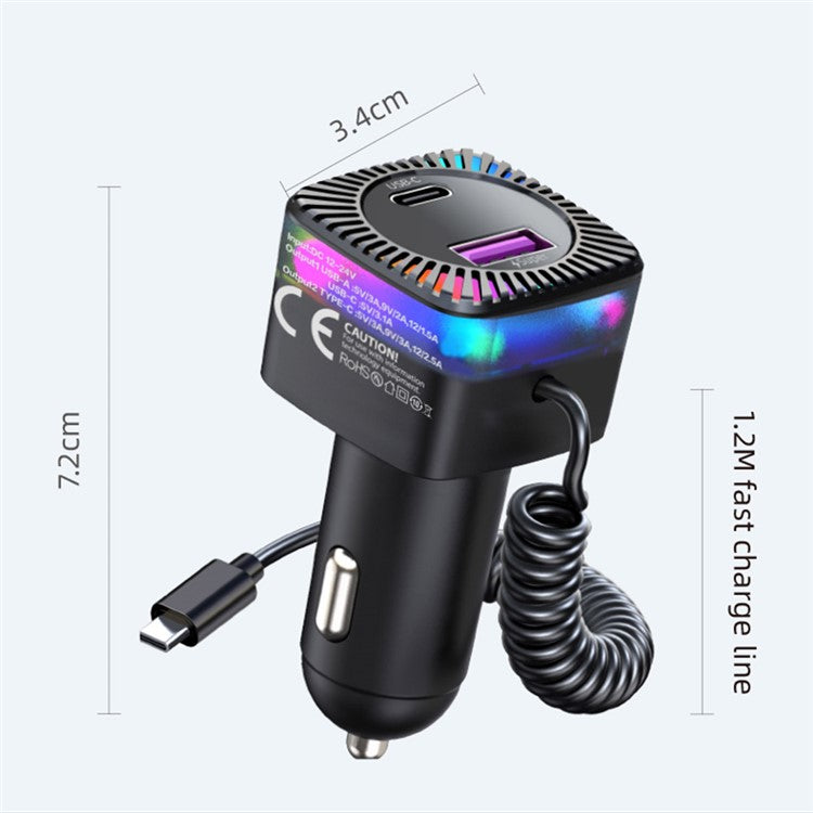 K14 USB + Type-C PD 30W Phone Fast Charging Adapter Car Charger with Spring Type-C Cable