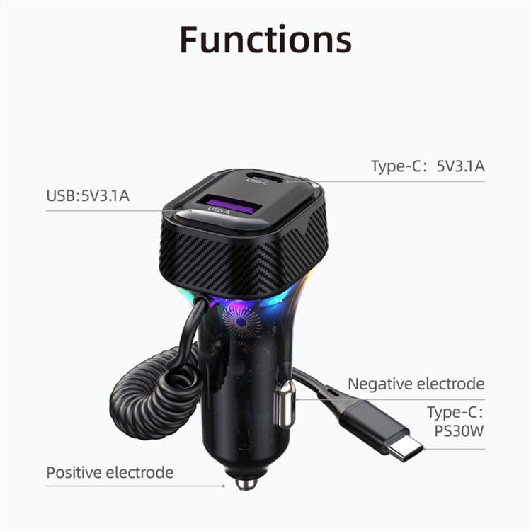 K8 USB+Type-C Dual Port QC3.0 Fast Charging Car Charger with Type-C Cable for Huawei / iPhone