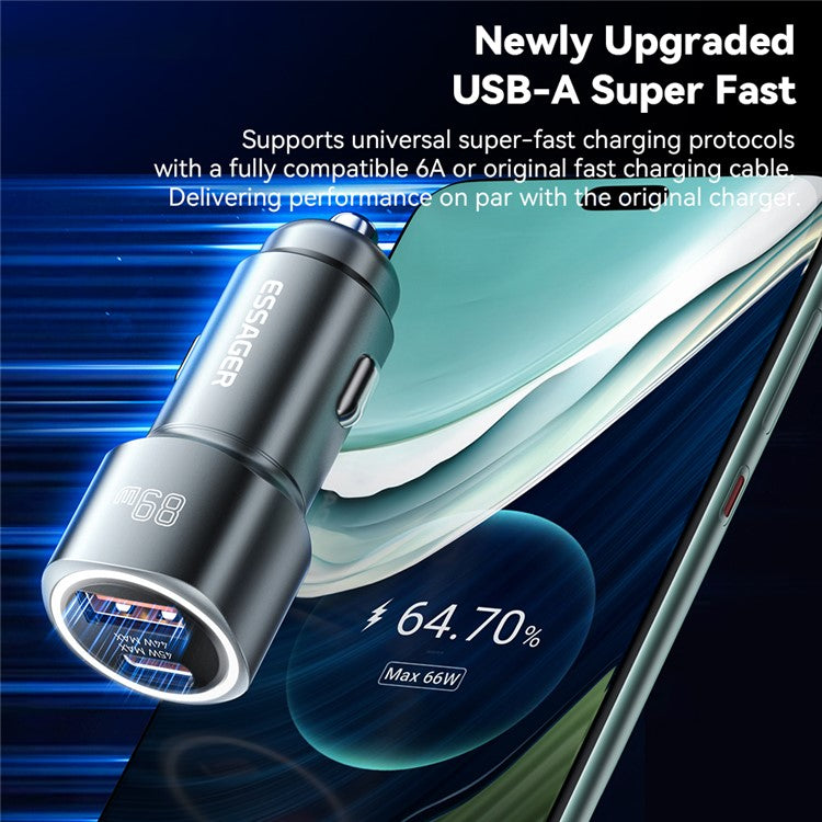 ESSAGER 89W Super Flash Charge USB+Type-C Car Charger Aluminum Alloy Adapter - Black