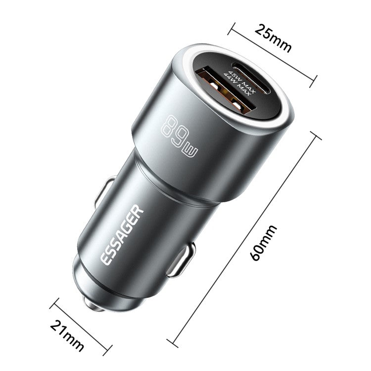 ESSAGER 89W Super Flash Charge USB+Type-C Car Charger Aluminum Alloy Adapter - Black