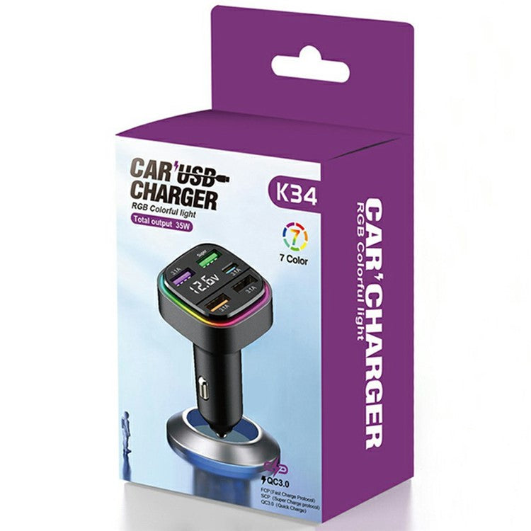 K34 5 Port USB Car Charger(4 USB+Type C) Cigarette Lighter Adapter with LED Display - Black