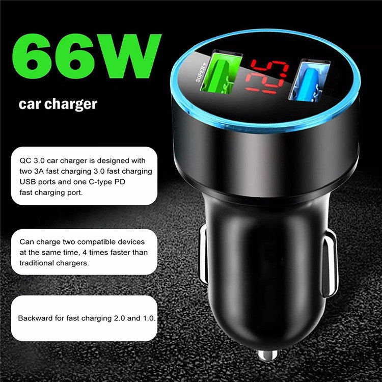 66W Dual USB Phone Fast Charging Adapter Voltage Digital Display Car Charger