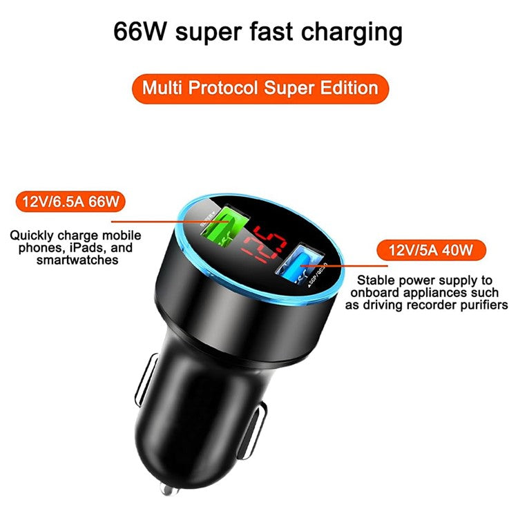 66W Dual USB Phone Fast Charging Adapter Voltage Digital Display Car Charger