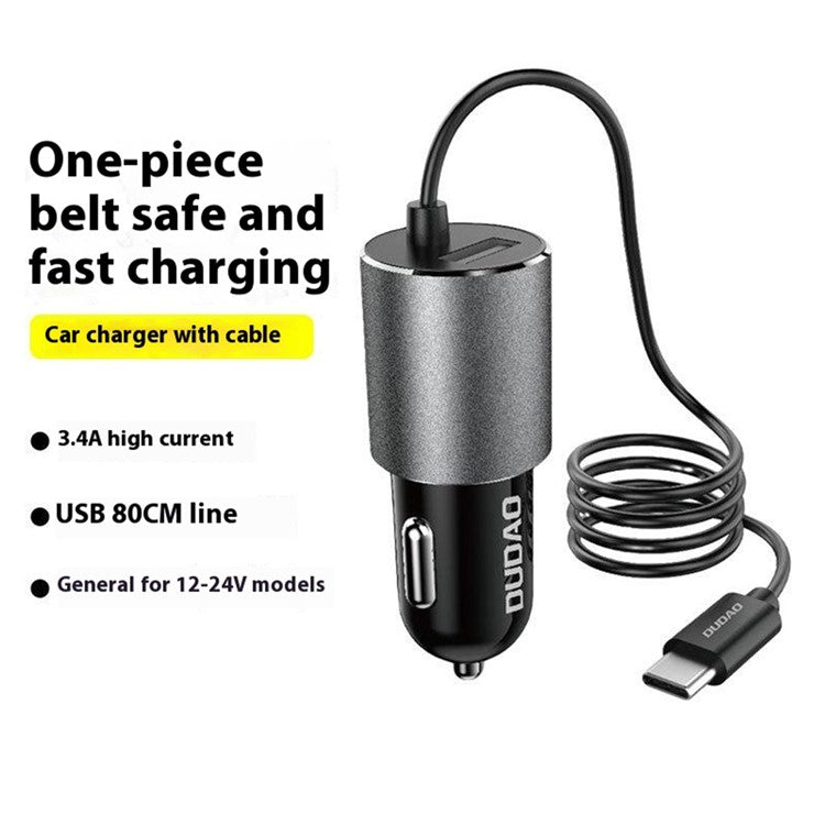 DUDAO R5Pro 3.4A USB Phone Charging Adapter Car Charger with Built-In Cable - Type-C Cable