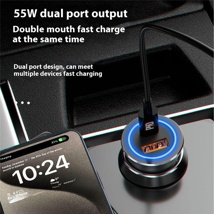 DUDAO R4Max 55W Fast Charging USB+Type-C Dual Port Cigarette Lighter Car Charger