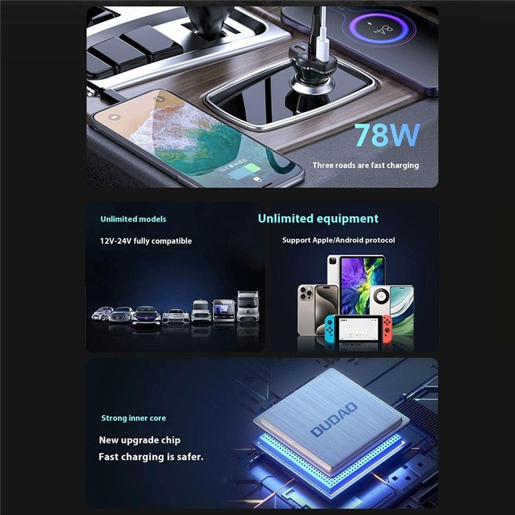 DUDAO R78 PD QC Fast Charging USB + Dual Type-C Cigarette Lighter Car Charger