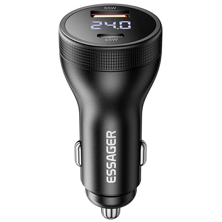 ESSAGER USB A + Type C Car Charger 100W Super Fast Charging Adapter with Digital Display - Black