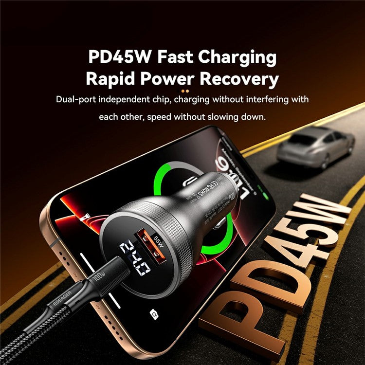 ESSAGER USB A + Type C Car Charger 100W Super Fast Charging Adapter with Digital Display - Black