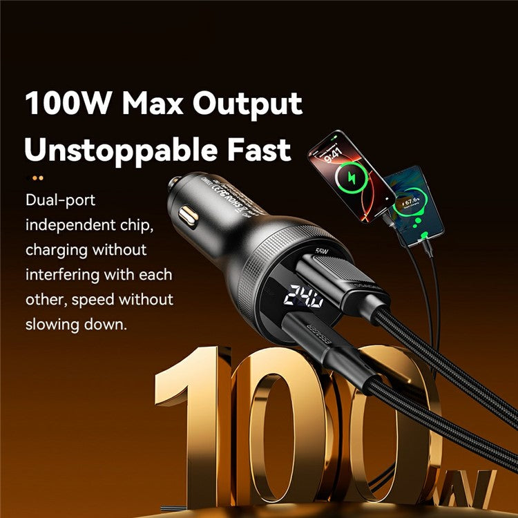 ESSAGER USB A + Type C Car Charger 100W Super Fast Charging Adapter with Digital Display - Black