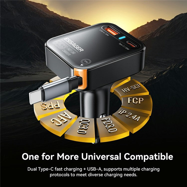 ESSAGER 65W Fast Charging USB A + Type C Car Charger with Retractable USB C Cable