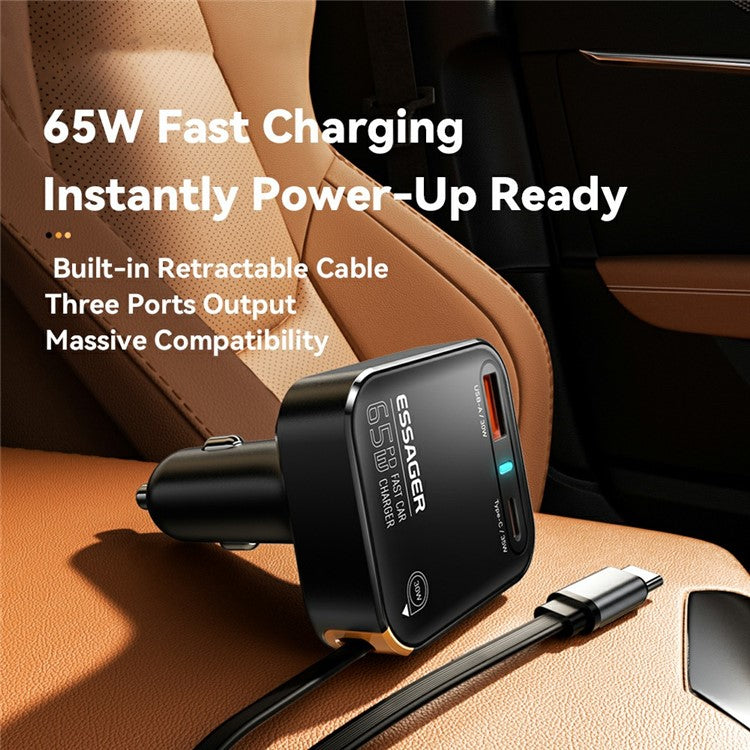 ESSAGER 65W Fast Charging USB A + Type C Car Charger with Retractable USB C Cable