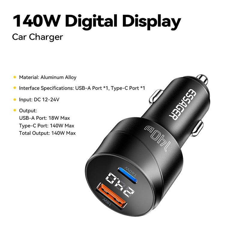 ESSAGER 140W Fast Charging Adapter Digital Display USB A + Type C Car Charger