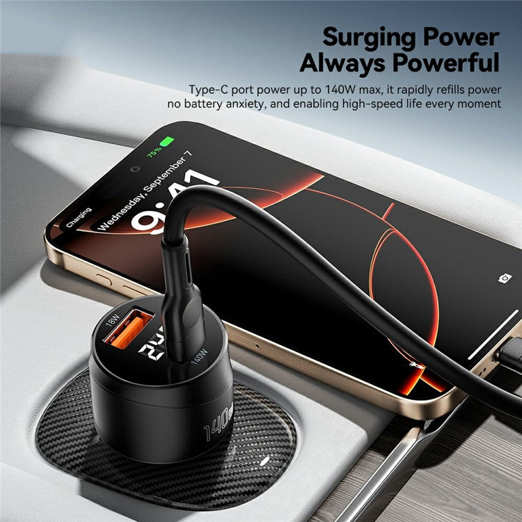 ESSAGER 140W Fast Charging Adapter Digital Display USB A + Type C Car Charger