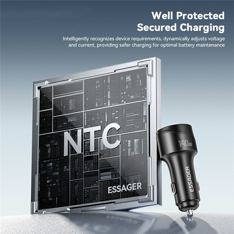 ESSAGER 140W Fast Charging Adapter Digital Display USB A + Type C Car Charger