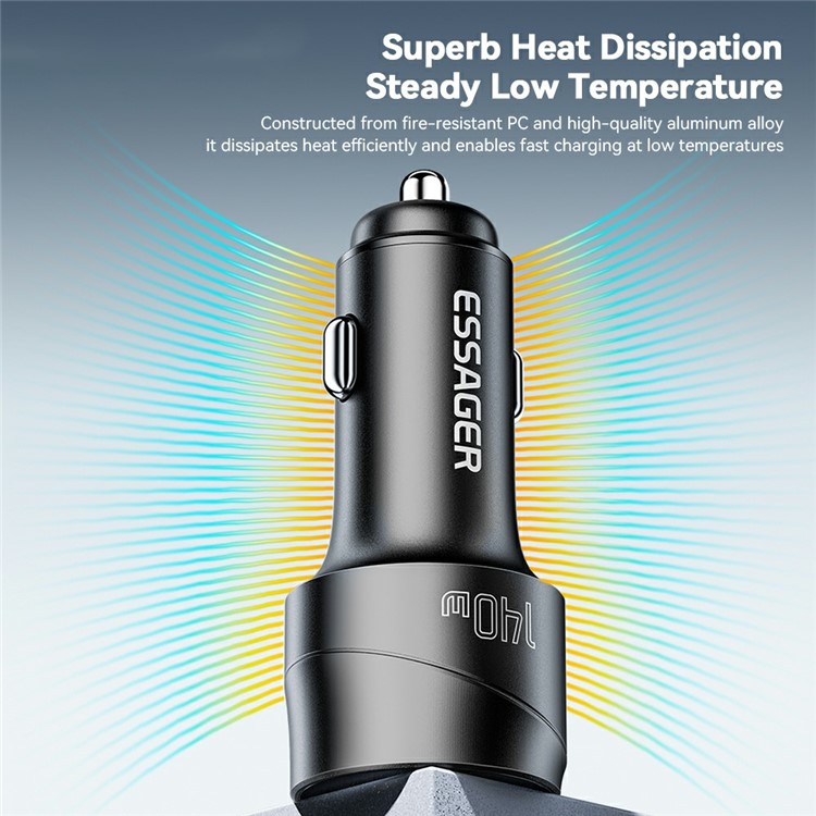 ESSAGER 140W Fast Charging Adapter Digital Display USB A + Type C Car Charger