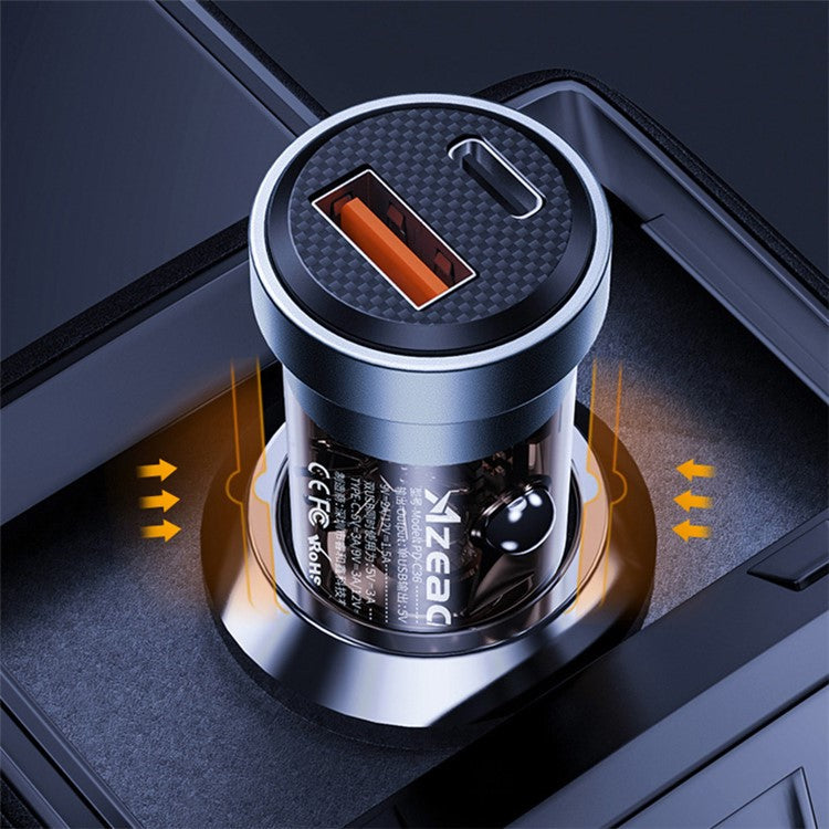 AZEADA PD-C36 COOLLE Series 30W Fast Charging Car Adapter USB-A+Type-C Car Charger Transparent Cigarette Lighter Charger