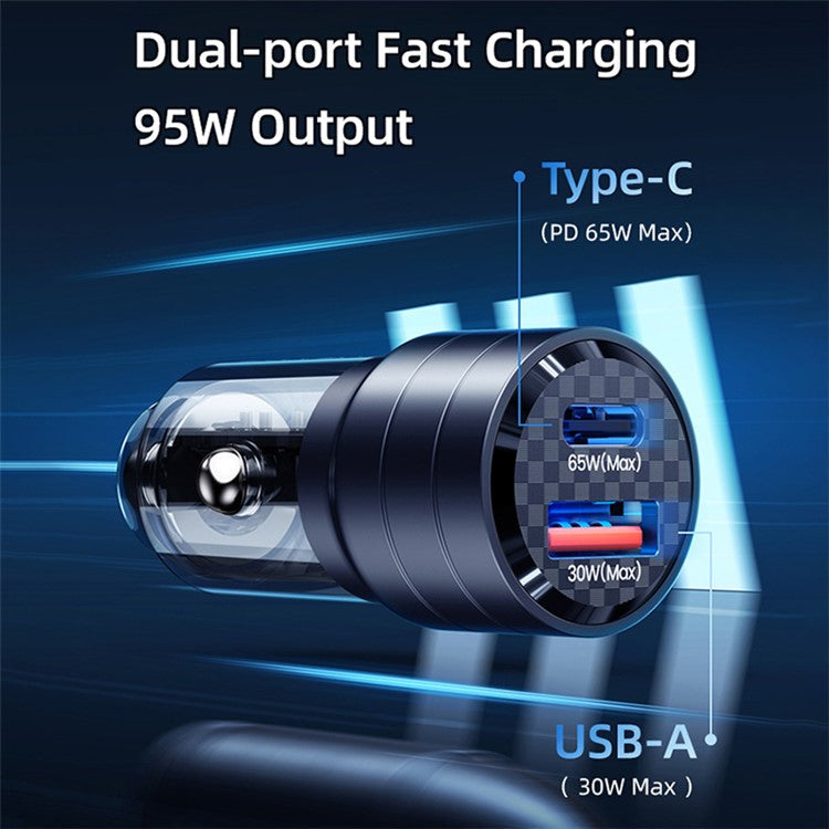USAMS US-CC176 C36 95W USB-A+USB-C Car Charger Transparent Mini Fast Car Charger with Light - Black