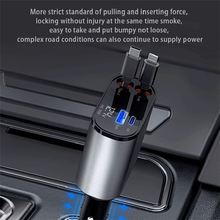 PT16 66W Phone Charging Adapter USB + Type-C Port Car Charger with Type-C and 8-Pin Retractable Cable