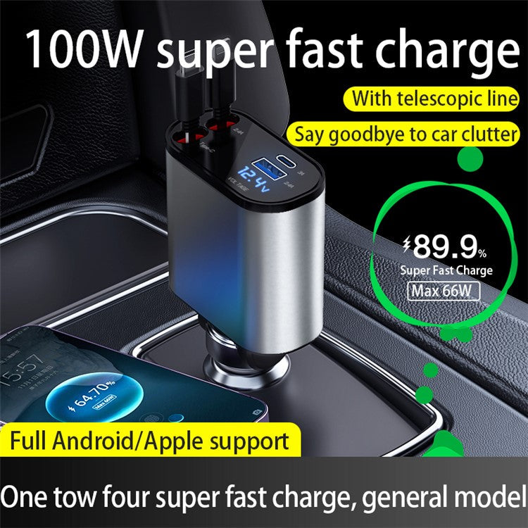 PT16 66W Phone Charging Adapter USB + Type-C Port Car Charger with Type-C and 8-Pin Retractable Cable