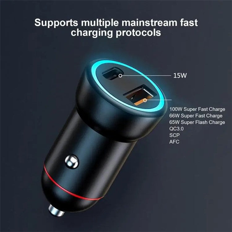 P3 100W Fast Charging Type-C+USB Car Charger with 3-in-1 Cable for Apple / Huawei / Xiaomi