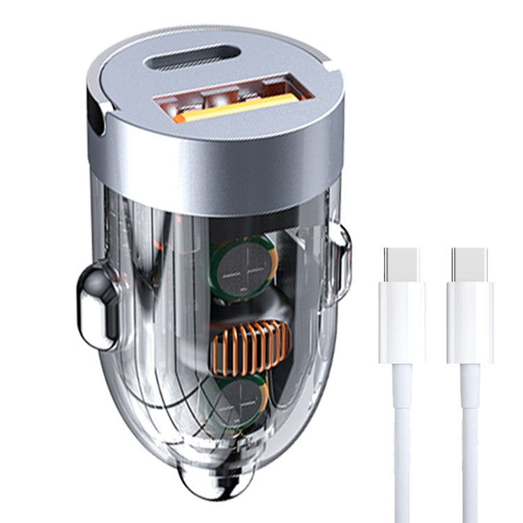 G20S 12-24V 120W USB+Type-C Fast Charging Adapter Transparent Car Charger with Type-C to Type-C Cable