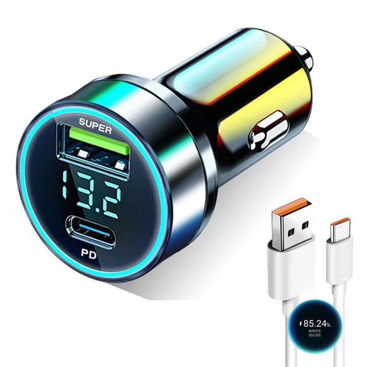 D3-PD Digital Display 120W Car Charger USB+Type-C Charging Adapter with 6A USB to Type-C Cable