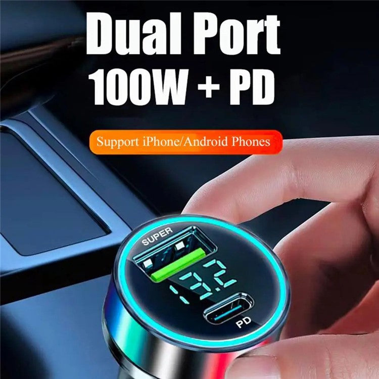 D3-PD Digital Display 120W Car Charger USB+Type-C Charging Adapter with 6A USB to Type-C Cable