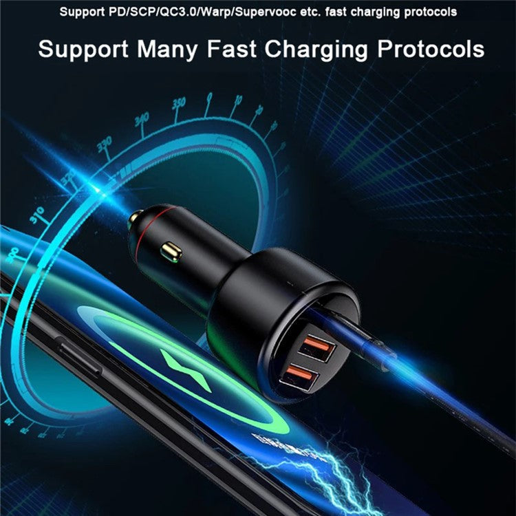 P6S Type-C+Dual USB Car Charger 200W Fast Charging Cigarette Lighter Adapter