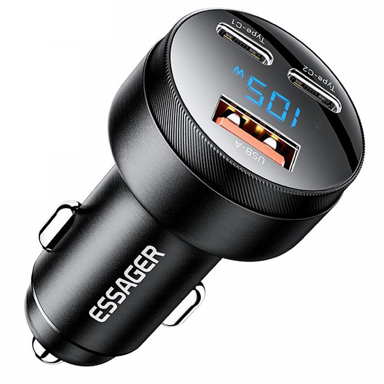 ESSAGER Aluminum Alloy 105W Phone Charger USB+Dual Type-C Car Charger - Black