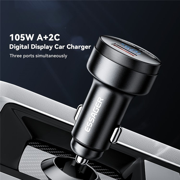 ESSAGER Aluminum Alloy 105W Phone Charger USB+Dual Type-C Car Charger - Black