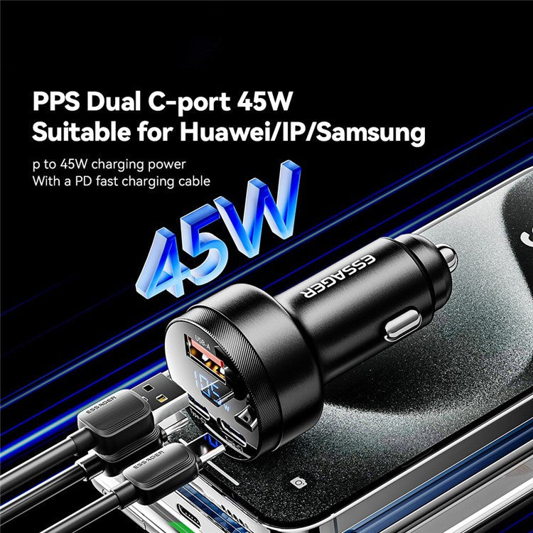 ESSAGER Aluminum Alloy 105W Phone Charger USB+Dual Type-C Car Charger - Black