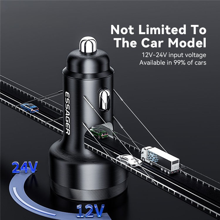 ESSAGER Aluminum Alloy 105W Phone Charger USB+Dual Type-C Car Charger - Black