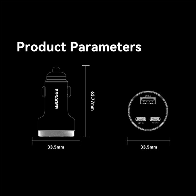 ESSAGER Aluminum Alloy 105W Phone Charger USB+Dual Type-C Car Charger - Black