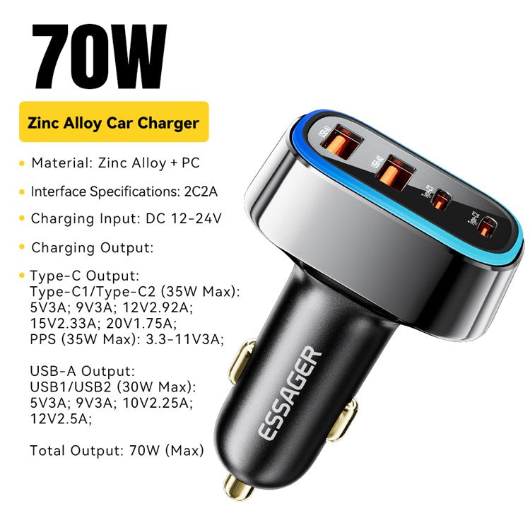 ESSAGER 70W Fast Car Charger 2 USB + 2 Type-C Charger Adapter with LED Light