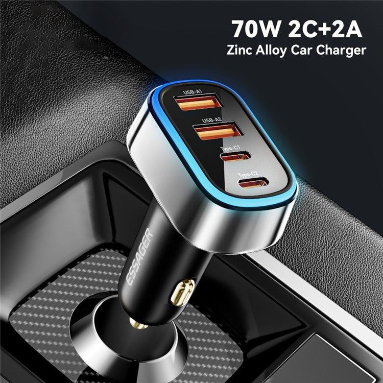 ESSAGER 70W Fast Car Charger 2 USB + 2 Type-C Charger Adapter with LED Light