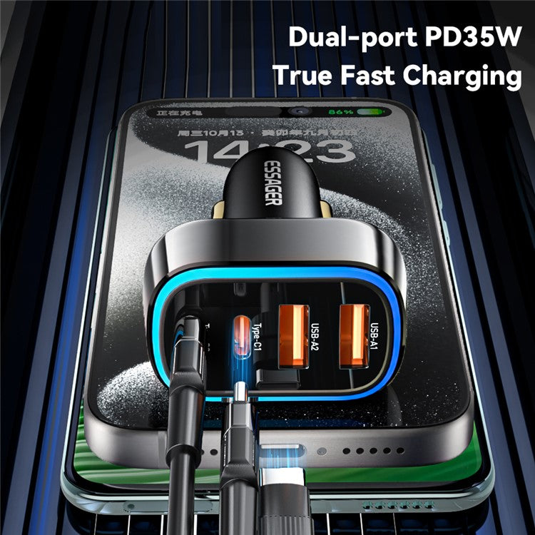 ESSAGER 70W Fast Car Charger 2 USB + 2 Type-C Charger Adapter with LED Light
