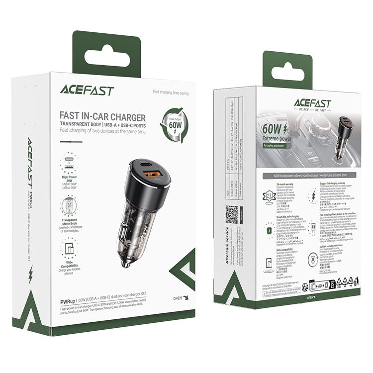 ACEFAST B12 60W USB-A+Type-C Car Charger Cigarette Lighter Phone Fast Charging Adapter