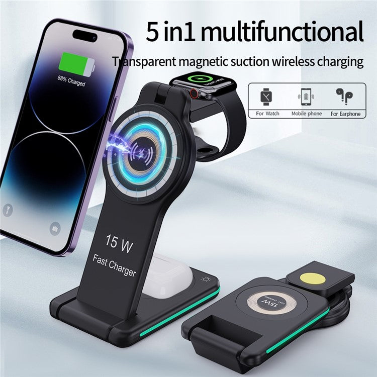 H60 Foldable Night Light Magnetic Wireless Charger for iPhone 12-15 Series / iWatch / AirPods Charging Stand