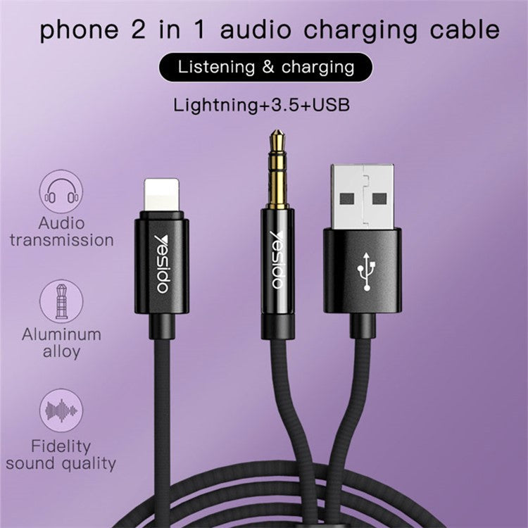 YESIDO YAU18 Charging Audio Cable 2 in 1 Lightning to 3.5mm Aux Cord Works with Car Stereo Speaker Headphone