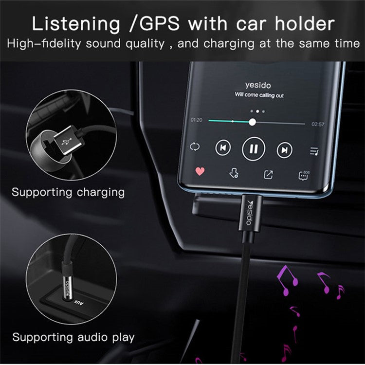 YESIDO YAU18 Charging Audio Cable 2 in 1 Lightning to 3.5mm Aux Cord Works with Car Stereo Speaker Headphone
