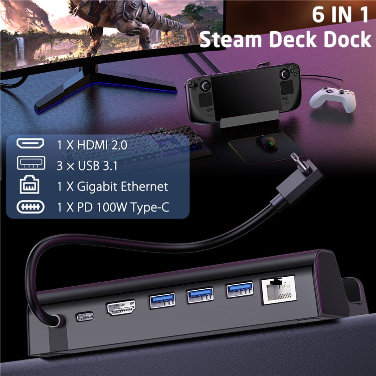 6 in 1 Docking Station for Steam Deck Dock HD 4K / 60Hz, Gigabit Ethernet, 3 USB3.0, USB-C Port Portable Hub with Stand