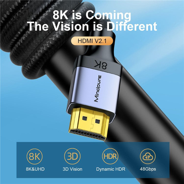 MINDPURE HD009 2m HDMI 2.1 Male to Male Braided Cable Support 8K / 60Hz 4K / 144Hz for Laptop PC Monitor